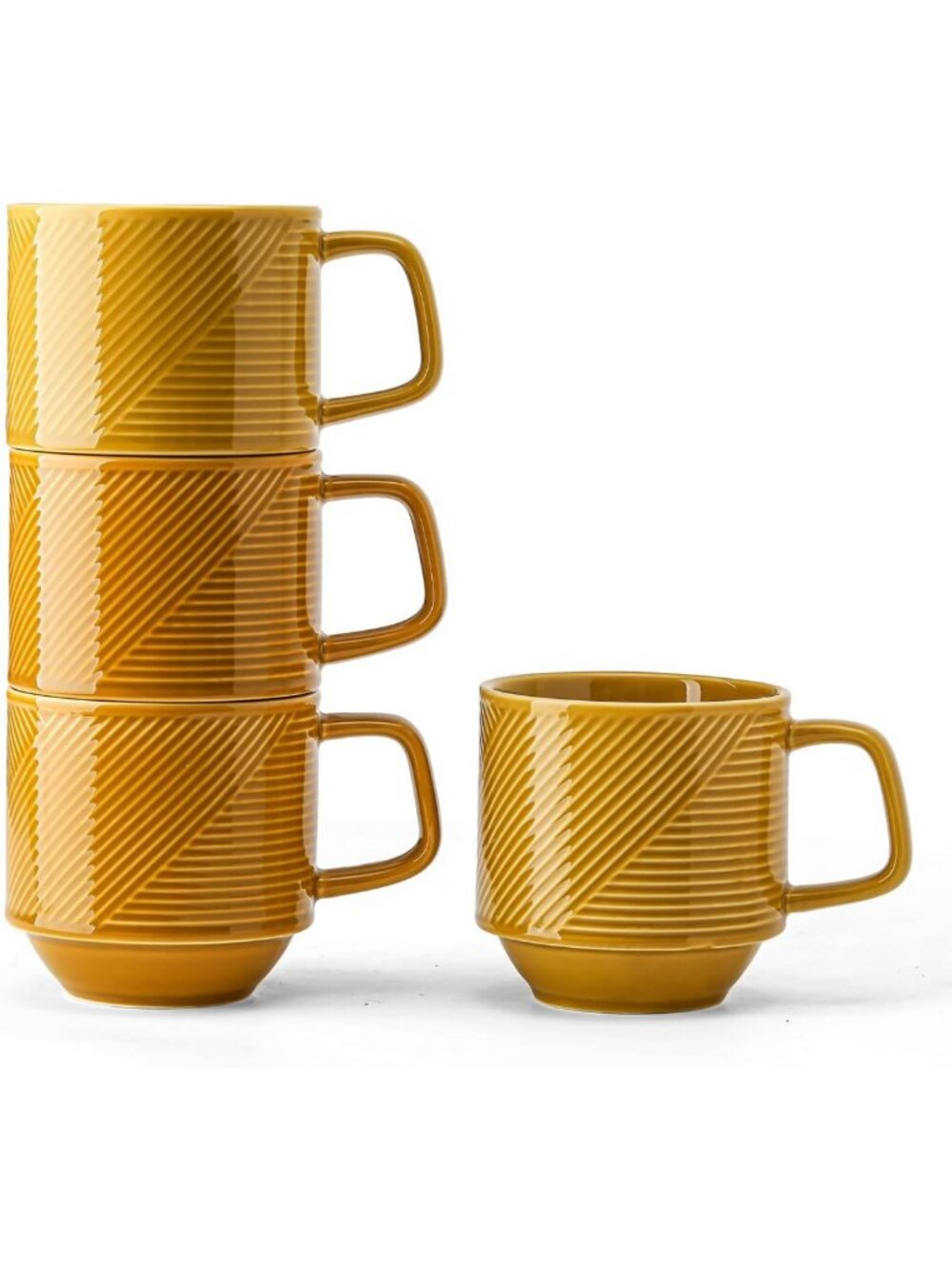 Set of 4 Stackable Microwave Safe Coffee Mugs - 13 oz Yellow Ceramic Cups